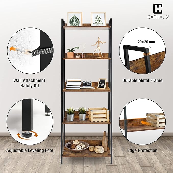 CAPHAUS 5 Tier Ladder Bookshelf, 24 Inch Width Free Standing Shelf, Bookcase Shelf Storage Rack Organizer, Industrial Book Shelves for Home Office, Living Room, Kitchen, Rustic Oak, Vintage Shelves-NeatNest