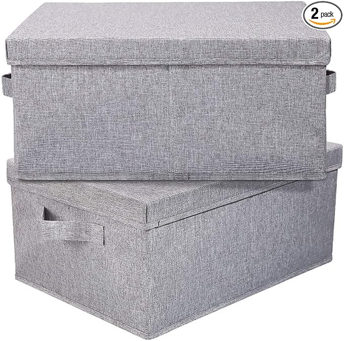 HOONEX Linen Foldable Storage Bins with Lids, 2 Pack, Storage Boxes with Carrying Handles and Sturdy Heavy Cardboard, 16.5" L x 11.8" W x 7.5" H for Shoes, Books, Clothes, Light Grey-NeatNest