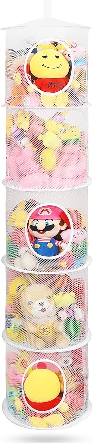 Hanging Mesh Stuffed Animal Storage Hammock Net, Foldable Large Toy Storage Organizer 5 Compartments Net for Stuffed Animals wall storage for Boys, Girls, Gloves, Hats, Socks（white）-NeatNest