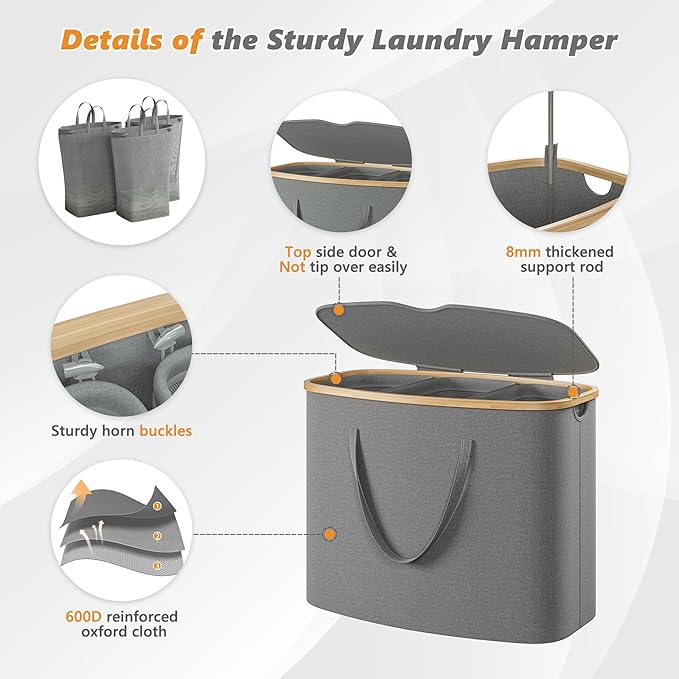 205L Laundry Hamper with Lid 3 Section, Extra Large Laundry Basket with 3 Removable Bags, 54GAL Laundry Basket Organizer for Bedroom, Laundry Room, Dorm,Clothes Hamper,Grey-NeatNest