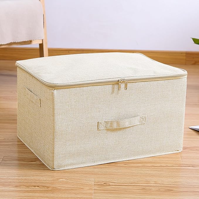 ANMINY 2PCS Storage Bins with Zipper Lids 51.9 Qt Lidded Fabric Storage Boxes Baskets Cubes with Handles Collapsible Washable Cotton Linen Closet Shelf Clothes Organizer - Beige, Extra Large-NeatNest