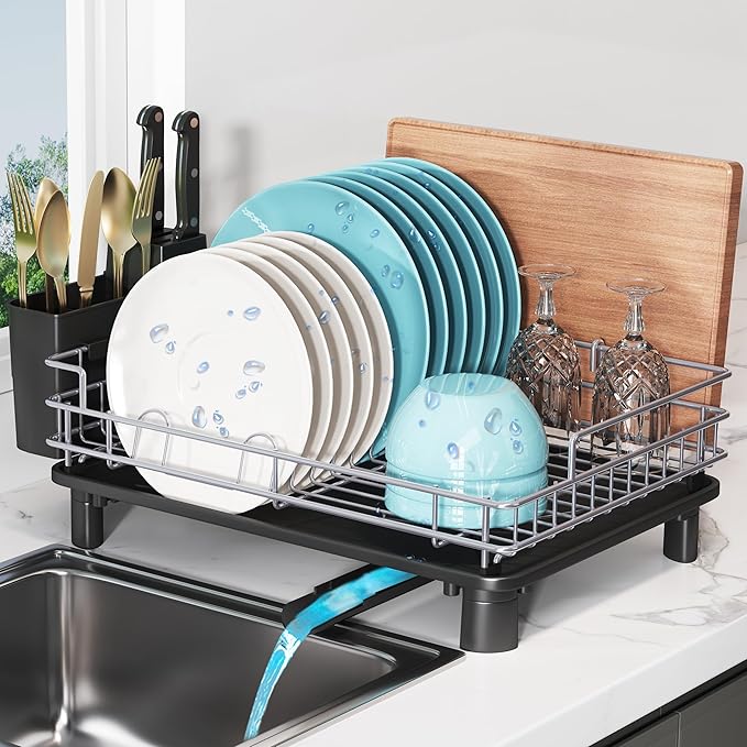 BOOSINY Dish Drying Rack for Kitchen Counter, Stainless Steel Dish Drainers with Drainboard Set, Space Saving, Compact Metal Plates Strainers Rack with Cup Holder, Utensil Holder-NeatNest