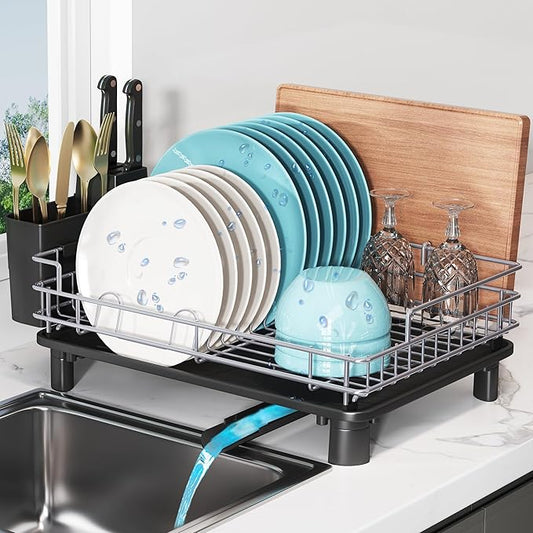 BOOSINY Dish Drying Rack for Kitchen Counter, Stainless Steel Dish Drainers with Drainboard Set, Space Saving, Compact Metal Plates Strainers Rack with Cup Holder, Utensil Holder-NeatNest