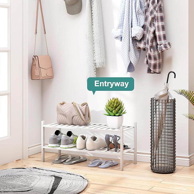 White Shoe Rack for Entryway, 2 Tier Shoe Organizer for Hallway Closet, Bamboo Wood Shoe Racks for Indoor Outdoor (White, 2-Tier)-NeatNest