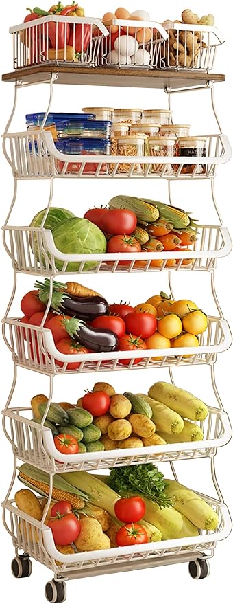 MURRI&MURRDI Fruit Vegetable Storage Basket with Wooden Lid, 6 Tier Stackable Storage Baskets with Wheels Produce Basket Organizer for Kitchen Rolling Rack Storage Cart for Pantry (White 6 Layer)