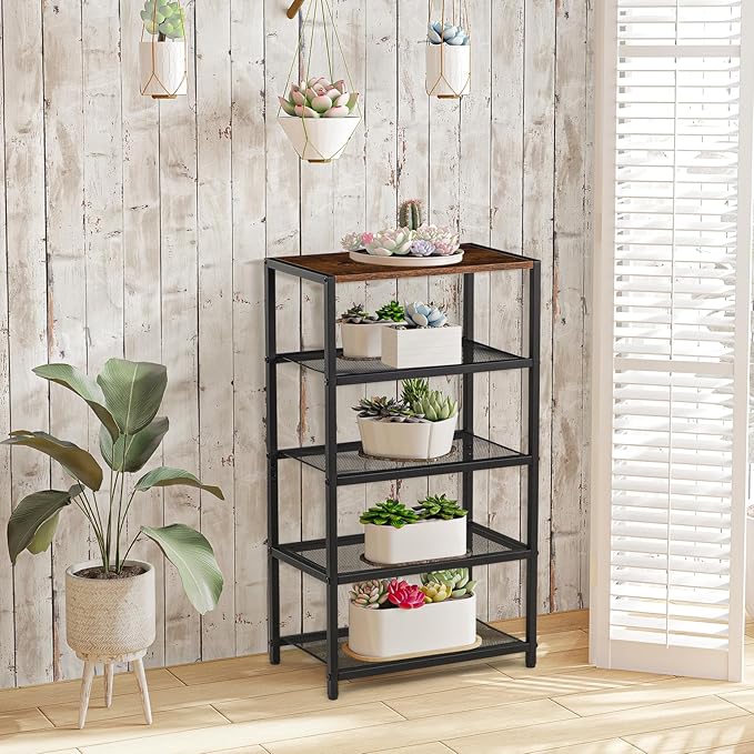 Metal 5 Tier Shoe Rack for Front Door Entrance, Entryway, and Closet Shoe Organizer with 4 Sturdy Metal Mesh Shelves and Wooden Top, Holds 10 Pairs, Ideal for Storage or Display-NeatNest