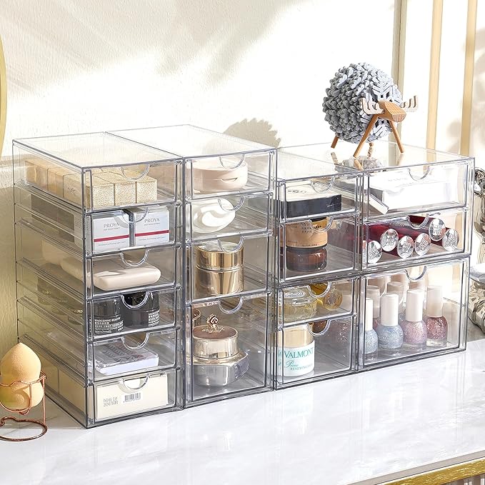 Prsildan Acrylic Drawer Organizer with 17 Drawers, Craft Office Desk Makeup Organizers Accessories, Set of 4 Clear Stackable Storage Drawers for Vanity, Countertop, Jewelry, Art Supply Organization-NeatNest