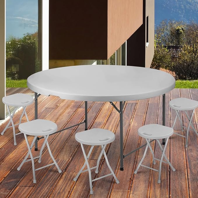 Athena Collection 5.5 ft Plastic Folding Dining Table, Large Foldable Round Card Table Portable with Carry Handle Heavy Duty Fold-in-Half for Indoor Outdoor Party Camping, Grey-NeatNest
