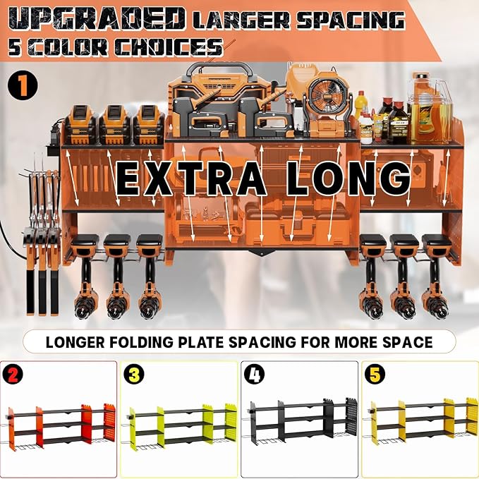 45" Large Power Tool Organizer Wall Mount with Charging Station - 3 Layer Storage Racks with 8 Cordless Drill Holder, 4 Hooks, Heavy Duty Garage Tool Organizer Storage for Workshop Pegboard Basement