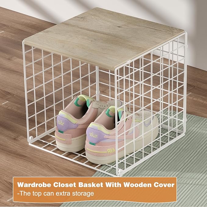 3PCS Stackable Closet Organizers and Storage, Closet Shelves with Wood Top Extra Storage, Clothes Storage Organizer Basket Bin/Cube for Home Wardrobe Organization(White-Sturdy Metal) Patent Pending-NeatNest