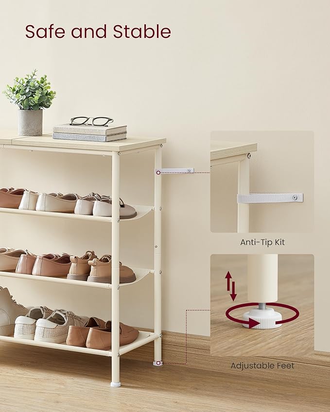 VASAGLE Shoe Rack, 4-Tier Shoe Storage Organizer for Entryway and Closet, Holds 9-12 Pairs of Shoes, 3 Fabric Shelves, Steel Frame, Modern, Natural Beige and Pearl White ULBS035K01-NeatNest