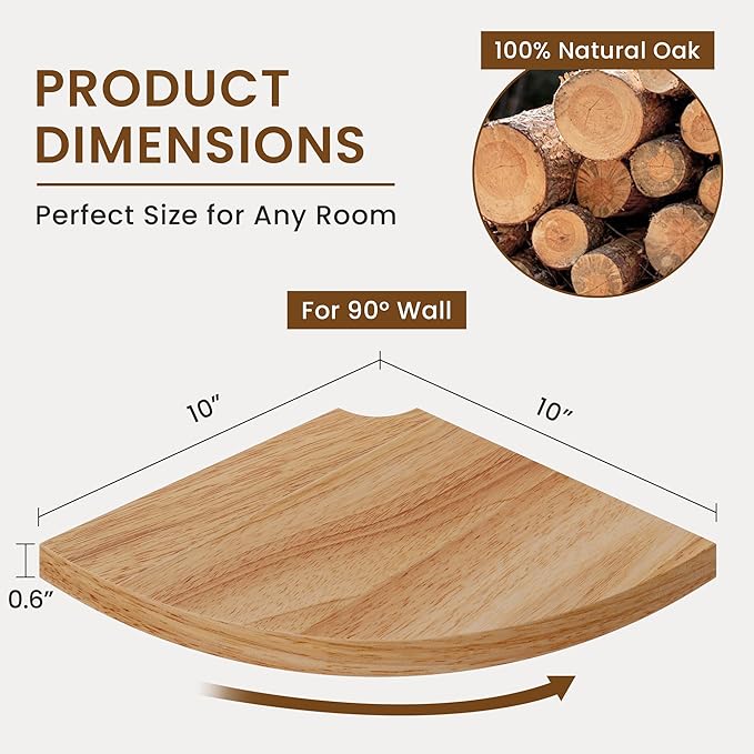 Fun Memories Corner Shelf Wall Mount Set of 2 - Solid Oak Wood Floating Corner Shelf with Cable Hole, 10in Rustic Design for Bedroom, Living Room, Kitchen (Natural)-NeatNest