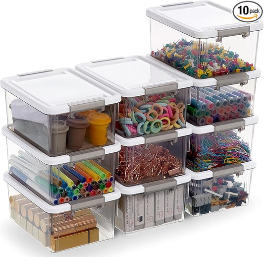 Citylife 1.32 QT 10 Pack Small Storage Bins Plastic Storage Container Stackable Box with Lids for Organizing, Clear Grey.-NeatNest