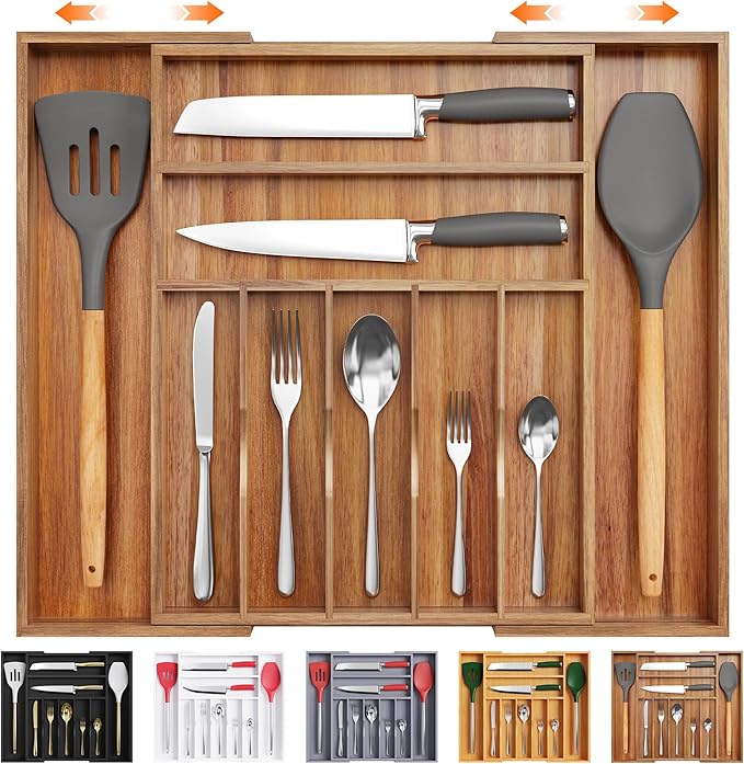 Bellsal Large Premium Acacia Wood Silverware Organizer - Expandable Utensil Drawer Organizer - 17"x19.6" Utensil Holder and Cutlery Tray with Grooved for Kitchen Flatware Utensils(7-9 Slot, Acacia)-NeatNest