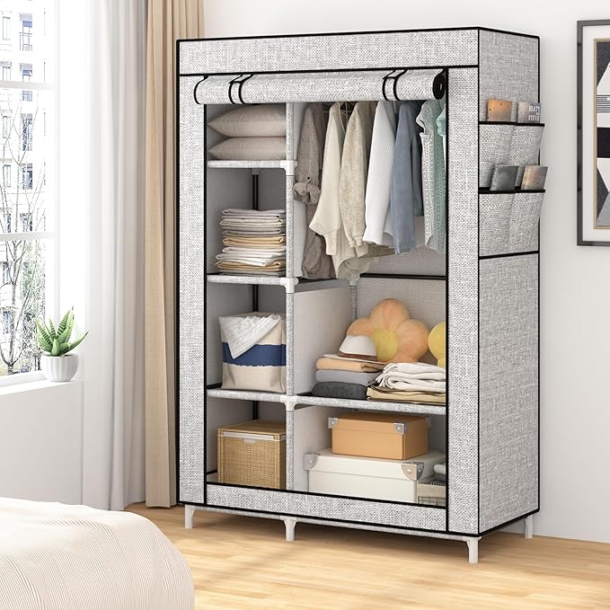 Calmootey Portable Closet Organizers, Clothing Storage, Wardrobe with 6 Shelves and Hanging Rod, Non-Woven Fabric Cover with 4 Side Pockets, Ash Grey-NeatNest