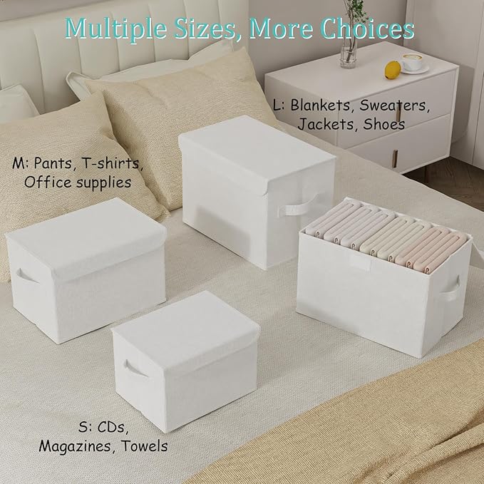 Foldable Storage Bin, Cube Organizer Basket with Flip-Top Lid and 2 Handles, Decorative Boxes for Shelves with Cover for Clothes, Towels, Blanket, 4 Pack, White, 13 x 9 x 7.9 In, XSNY12WM-4-NeatNest