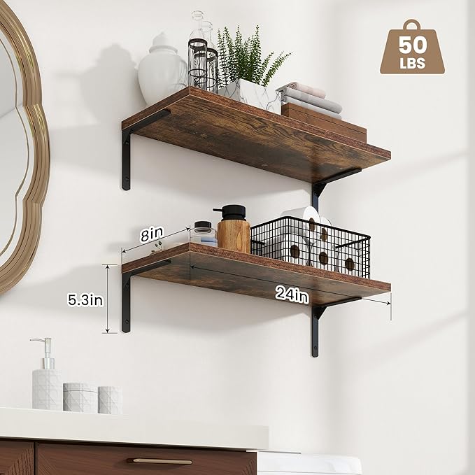 Fun Memories Deep Floating Shelves, 24W x 8D Floating Shelves Set of 2, Wall Mounted Shelf with Metal Brackets, Rustic Wood Wall Shelf for Bathroom, Kitchen and Living Room, Rustic Brown-NeatNest