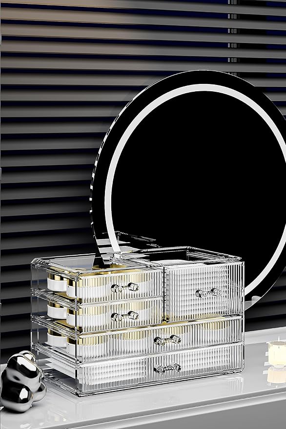ZHIAI Stackable Storage Drawers, Acrylic Bathroom Counter Organizer Clear Makeup Organizers for Vanity, Kitchen Cabinets, Bathroom, Undersink, Home Organization and Storage (5 Drawers, Pattern E)-NeatNest