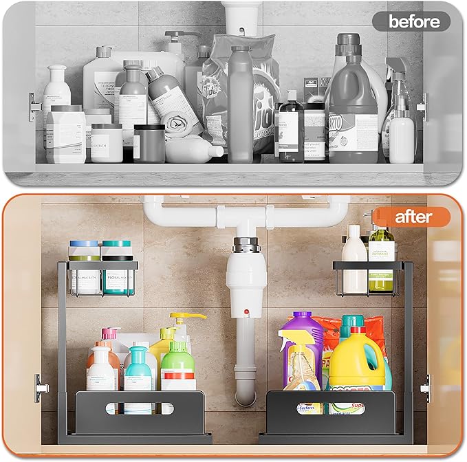 VUSIGN Under Sink Organizer, 2 Tier Pull Out Bathroom Cabinet Organizer, Under Kitchen Sink Organizers and Storage, Under Sink Shelf,1 Pack, Black-NeatNest