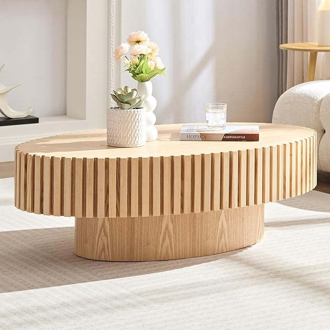 Kevinplus Oak Oval Modern Coffee Table for Living Room, Contemporary Circle Fluted Drum, Easy Assembly, Wood (43.7'' x 24.8'' x 13.38'')