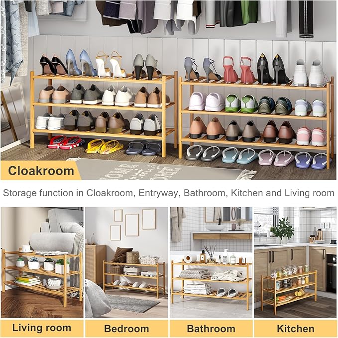 Long Shoe Rack, 3-Tier Bamboo Stackable Shoe Shelf Storage Organizer, Shoe Stand for Closet, Entryway and Hallway-NeatNest