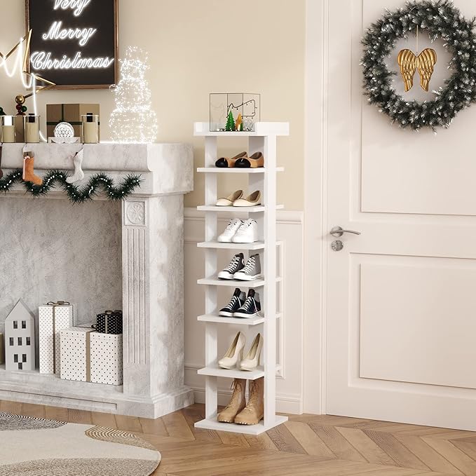 HOMEFORT 7-Tier Wood Shoe Rack, Entryway Shoe Tower,Vertical Shoe Organizer, Wooden Shoe Storage Stand, White-NeatNest