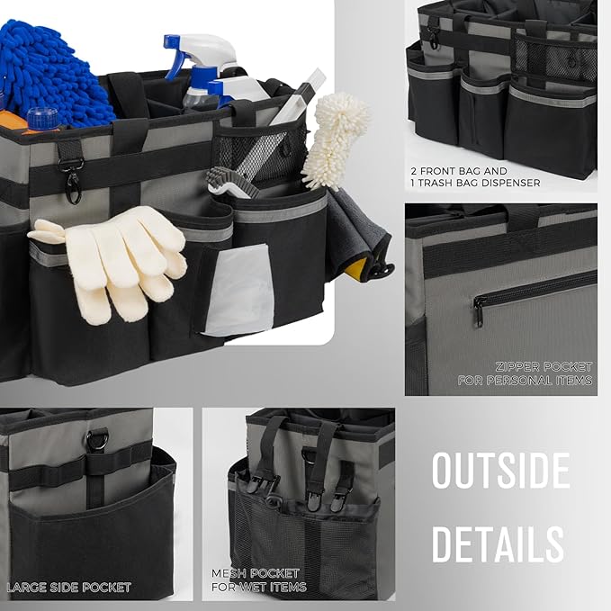 Wearable Cleaning Caddy, Cleaning Caddy Supplies Organizer with Handle & Shoulder Straps for Housekeepers, Under Sink & Car Cleaning Tool Organizers Bag with 4 Foldable Divider (MediumGrey)