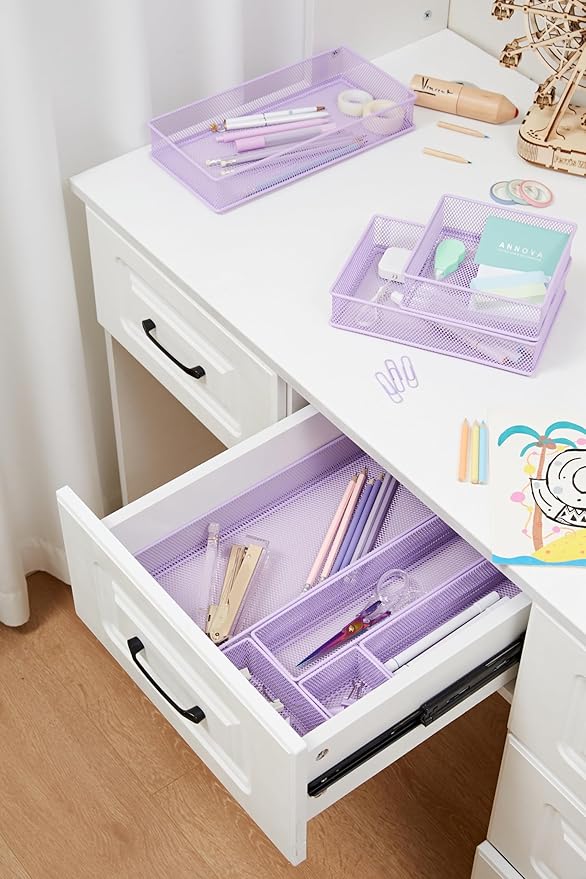 Annova Mesh Stackable Drawer Cabinet and Shelf Organizer Bins Storage Basket School Office Supply Holder Tray- Set of 2 (Light Purple, 3x12x2 Inch)-NeatNest