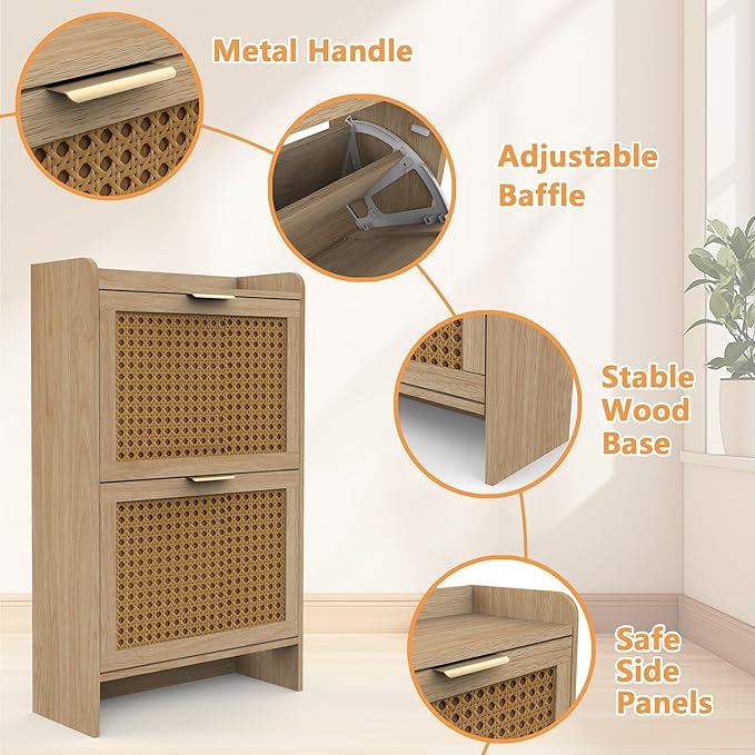 Hidden Shoe Storage Cabinets with 2 Flip Drawers and Wood Legs, Freestanding Narrow Shoe Organizer Rack for Entryway, Natural-NeatNest