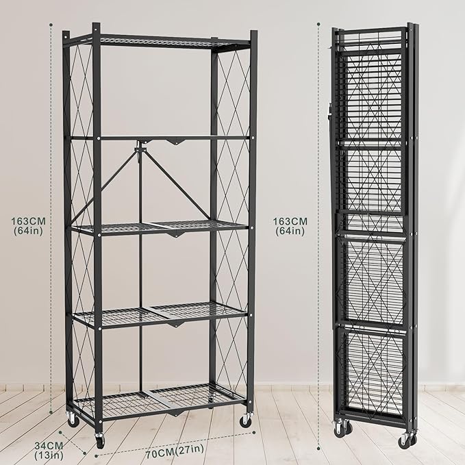 64" H 5 Tier Foldable Storage Shelf with Wheels, Folding Shelving Loads 500 LBS, Metal Steel Garage Shelves, Rolling Standing Utility Rack for Kitchen, Pantry, Office, Black
