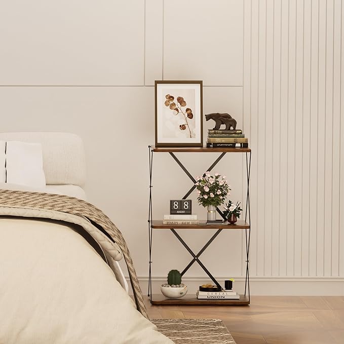 3-Tier End Table Set of 2 Small Side Table Tall Bedside Night Stand with Storage Sofa Side desks for Living Room Bedroom Office Bathroom Small Space Rustic Brown ET-03RB-2