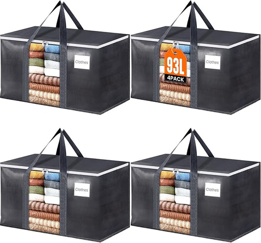 HomeHacks 4 Pack Extra Large Moving Bags with Visual PVC Window & Zippers, Storage Totes with Reinforced Handles, Heavy Duty Storage Bags for Packing, Moving, Storage (93L,Grey)