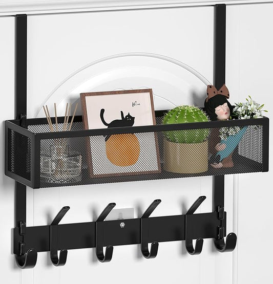 Over The Door Hooks Organizer, Over The Door Towel Rack with Mesh Basket, 10 Coat Hooks and 2 Wreath Hangers, Bathroom Door Organizer Back of Door Hanger for Bedroom, Kitchen(Black)