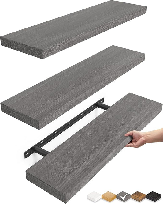 BAYKA Floating Shelves for Wall, 22.5 inches Wall Mounted Rustic Wood Shelves for Bathroom, Bedroom, Living Room, Floating Shelves for Books/Storage/Decor (Grey,Set of 3)-NeatNest