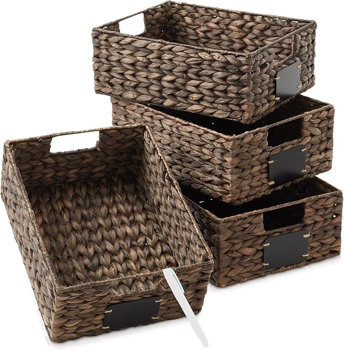 Casafield Set of 4 Water Hyacinth Pantry Baskets, 10" x 13" x 5", with Chalkboard Labels and Chalk Marker - Espresso, Woven Storage Bin Organizers for Kitchen Shelves-NeatNest