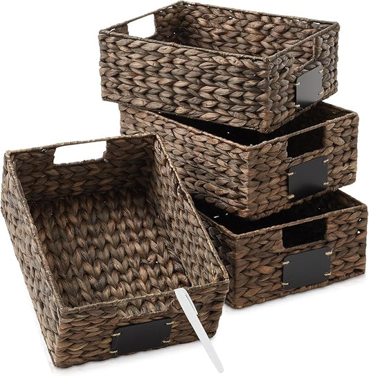 Casafield Set of 4 Water Hyacinth Pantry Baskets, 10" x 13" x 5", with Chalkboard Labels and Chalk Marker - Espresso, Woven Storage Bin Organizers for Kitchen Shelves-NeatNest