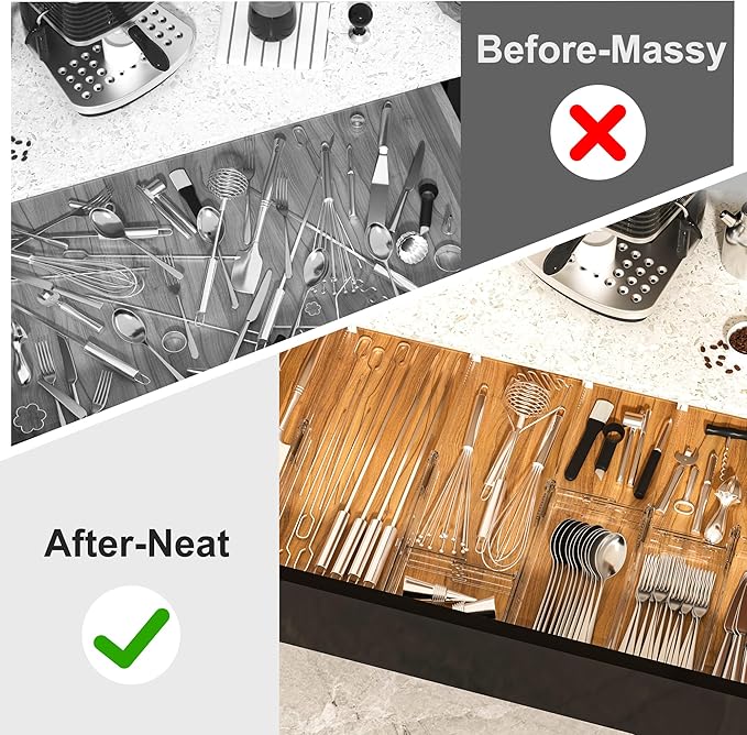 HiYZ Expandable Drawer Dividers - 12.6-22.8'' Adjustable Drawers Organizers for Kitchen Utensils, Drawer Separators in Bedroom, Dresser, Office, Bathroom, Fridge, 5 Pack Long Dividers-Clear-NeatNest