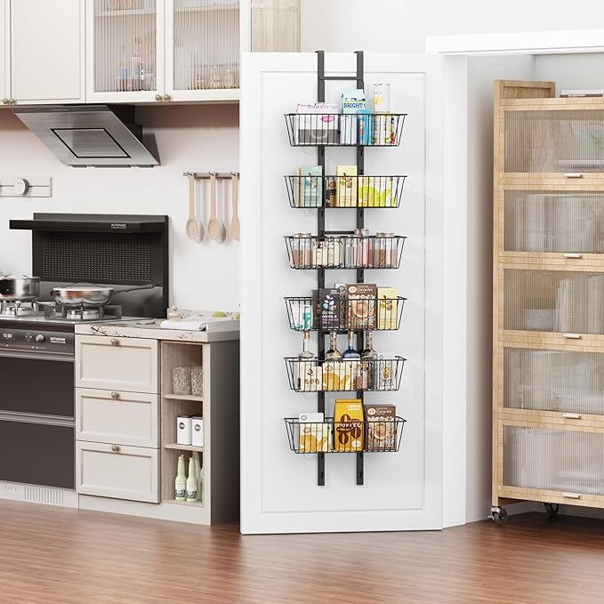 6-Tier Over The Door Pantry Organizer, Metal Hanging Storage Shelf with Adjustable 6 Baskets, Space-Saving Design Hanging Spice Rack for Kitchen, Bathroom, Laundry Room, Black