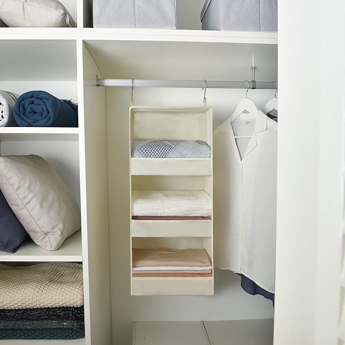 GRANNY SAYS 3-Shelf Hanging Organizer, Foldable Hanging Closet Storage, Hanging Shelves for Wardrobes & RV Closet, Beige, 29 ½" H X 12" W X 12" D, 1-Pack-NeatNest