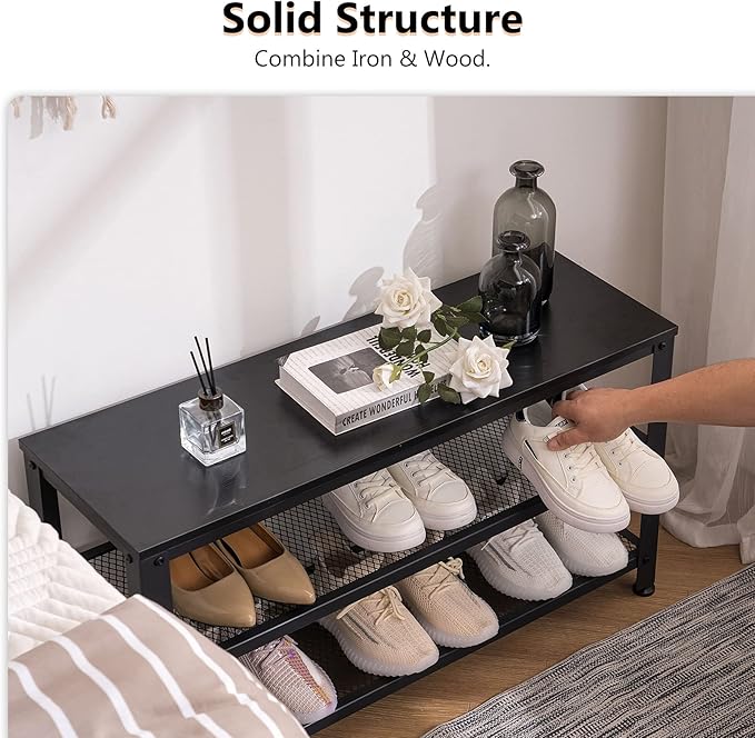 Apicizon Shoe Rack, 35.5 Inches 3-Tier Shoe Rack for Entryway with Long Seat and Metal Shelves for Garage, Industrial Storage Bench with Steel Structure for Living Room, Bedroom, Mudroom, Black-NeatNest