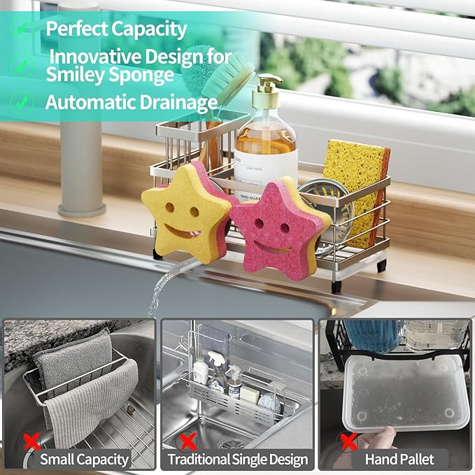 HapiRm Sink Caddy Sponge Holder - Self-draining Kitchen Sink Organizer with Smiley Face and Brush Holder, Stainless Steel Kitchen Sponge Caddy for Countertop - Brushed Nickel