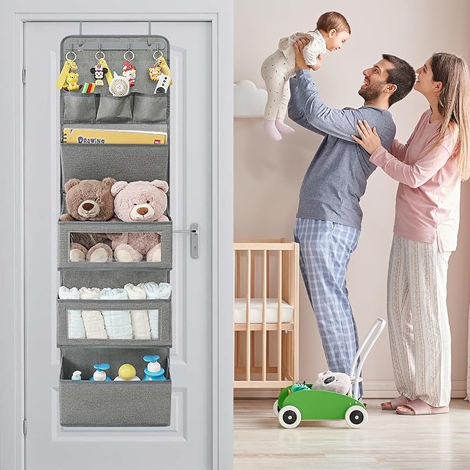 VICTORICH All-IN-ONE Over the Door Organizer, Super Behind the Door Storage Organizer with Door Rack and Large Clear Windows, Wall File Organizer, Hanging Organizer (New Linen Gray)