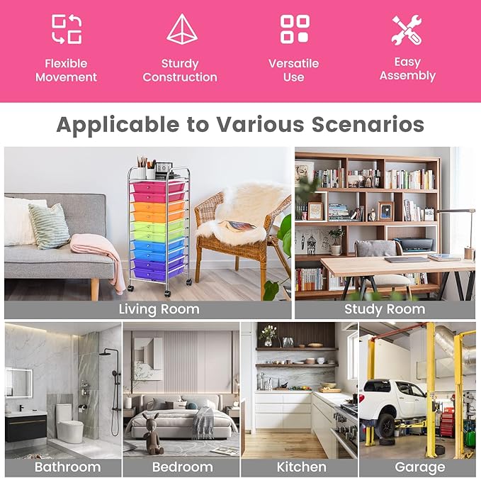 COSTWAY 10-Drawer Rolling Storage Cart, Utility Mobile Trolley with Removable Drawers & Universal Casters & 2 Brakes, Versatile Flexible Drawer Organizer Cart for Home, Office (Rainbow)-NeatNest