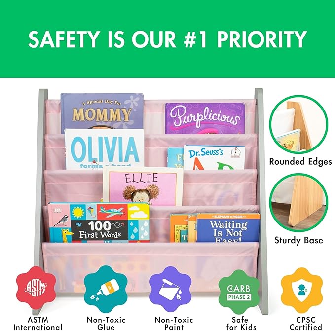 Humble Crew 4-Tier Kids Bookshelf, Grey Wood/Pink - Premium Book Shelf for Kids Rooms with Four Deep Pockets - Toddler Sling Book Rack with Deep Sleeves, Nursery Bookcase Organizer