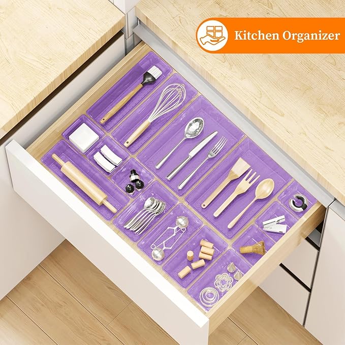 32 PCS Clear Plastic Drawer Organizer Set, 4-Size vanity organizer Trays and Storage Bins for Makeup, Jewelry and Gadgets in Bedroom, Bathroom and Office, Clear Purple-NeatNest