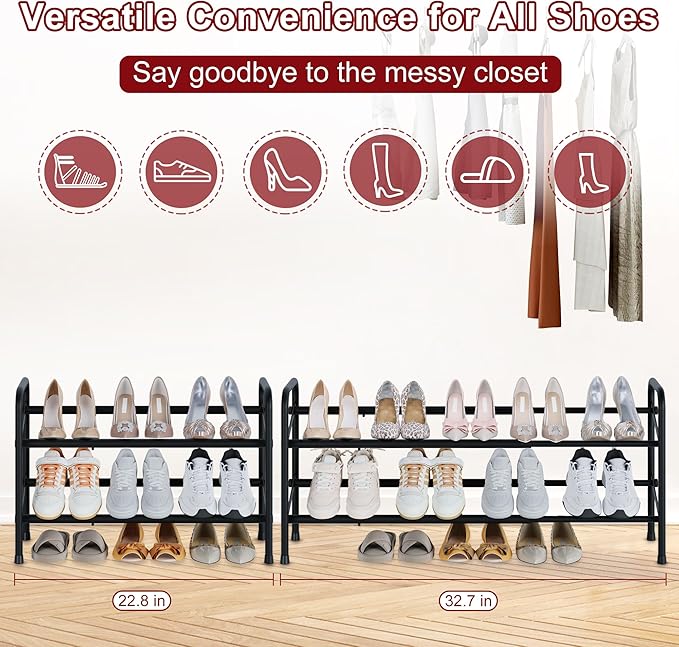 Housen Solutions 2 Tier Expandable Shoe Rack for Closet, Adjustable Shoe Shelf Storage Organizer for Small Space,Heavy Duty Metal Free Standing Shoe Rack for Entryway Closet, Black-NeatNest