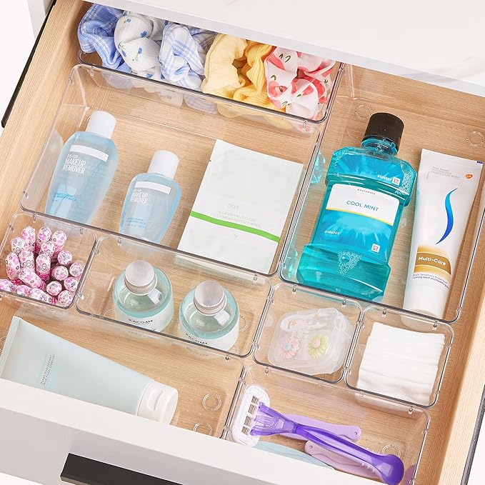 Vtopmart 25 PCS Clear Plastic Drawer Organizers Set, 4-Size Versatile Bathroom and Vanity Drawer Organizer Trays, Storage Bins for Makeup, Bedroom, Kitchen Gadgets Utensils and Office-NeatNest