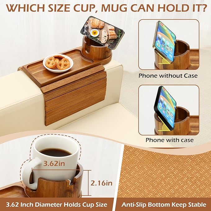Couch Cup Holder Tray, 15.75" Acacia Wood Couch Armrest Table, 3 in 1 Foldable Sofa Clip on Side Table with 360° Phone Stand, Armrest Tray for Coffee Snacks-NeatNest