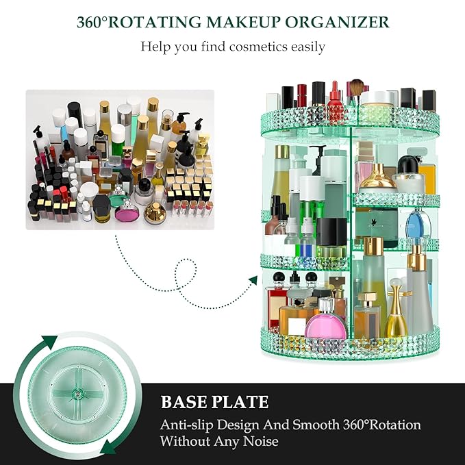 360 Degree Rotating Makeup Organizer, Extra Large Capacity Organizador De Maquillaje, Removable DIY 7 Layers Cosmetics Organizer, Acrylic Perfume Organizer for Vanity Countertop (Green)-NeatNest