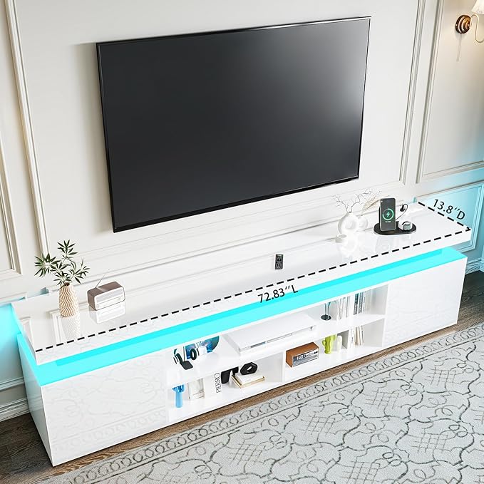 72" Modern TV Stand with LED Lights and Power Outlet for TVs Up to 80 inch, High Gloss Finish Entertainment Center, TV Console Cabinet with Storage for Living Room, White-NeatNest
